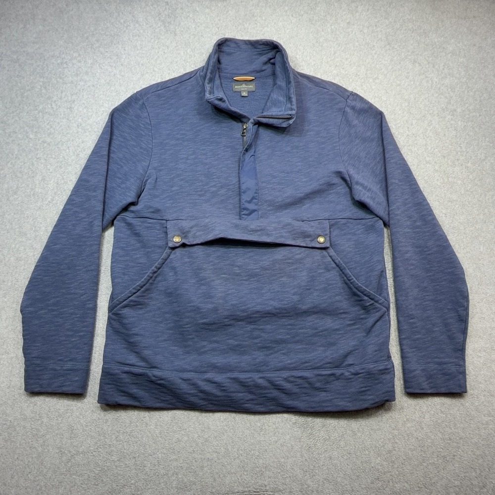 LL Bean Signature Sweatshirt Mens Medium Blue 1/2 Zip Pullover Snap Pocket Slim